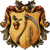 Or, sickle toward sinister proper, chief dexter oaknut slipped proper, base sinister garb vert.