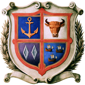 Parted per cross gules; Quarterly: in Dexter Chief, Azure, an anchor Or; in Sinister Chief, Argent, a bull head caboched tenne with horns sanguine; in Dexter Base, Purpure, two mascles Argent ; in Sinister Base, Azure, three cogs proper with sails Argent