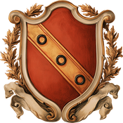 Gules, on a bend Or three annulets sable