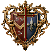Party per pale: dexter, Gules, a chevron or between three martlets argent; sinister, Azure, a fleur-de-lys argent; overall, in pale, a cross of Vortumnus gules