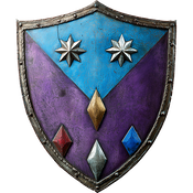 Per chevron bleu-celeste and purpure, to chief two mullets of six points argent, a lozenge or, to base a lozenge argent, to dexter base a lozenge gules, to sinister base a lozenge azure